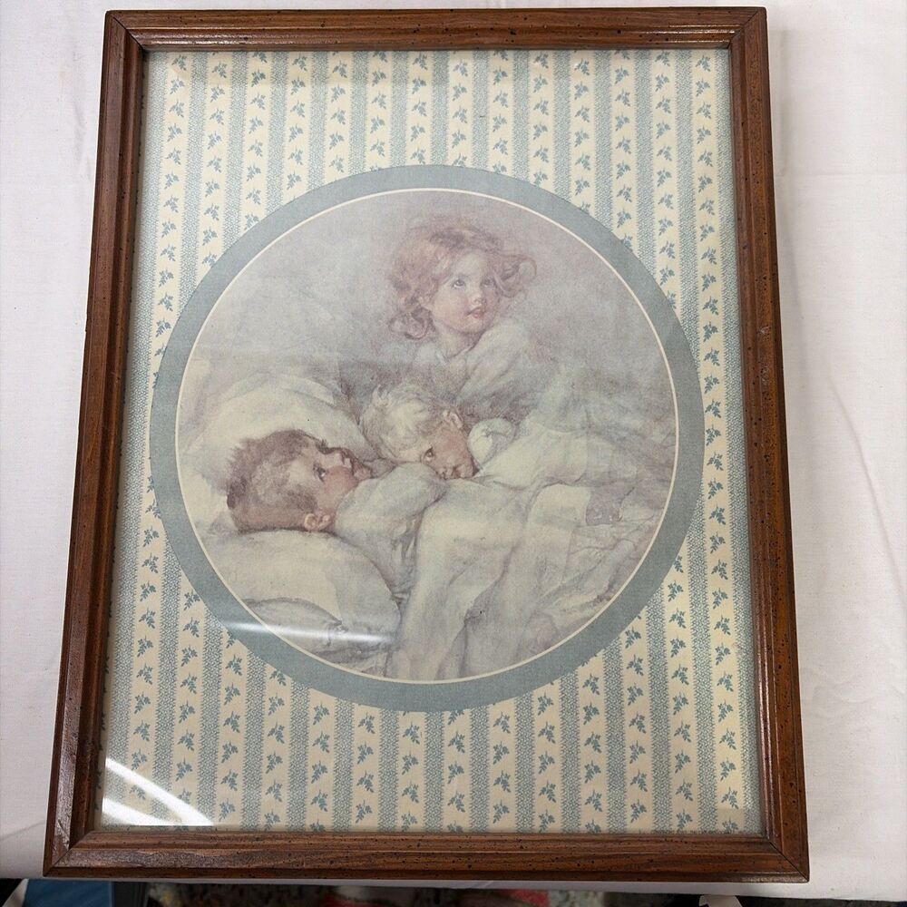 Vintage Annie Benson Muller - Heaven’s Gift - FRAMED Print children in bed, vgc